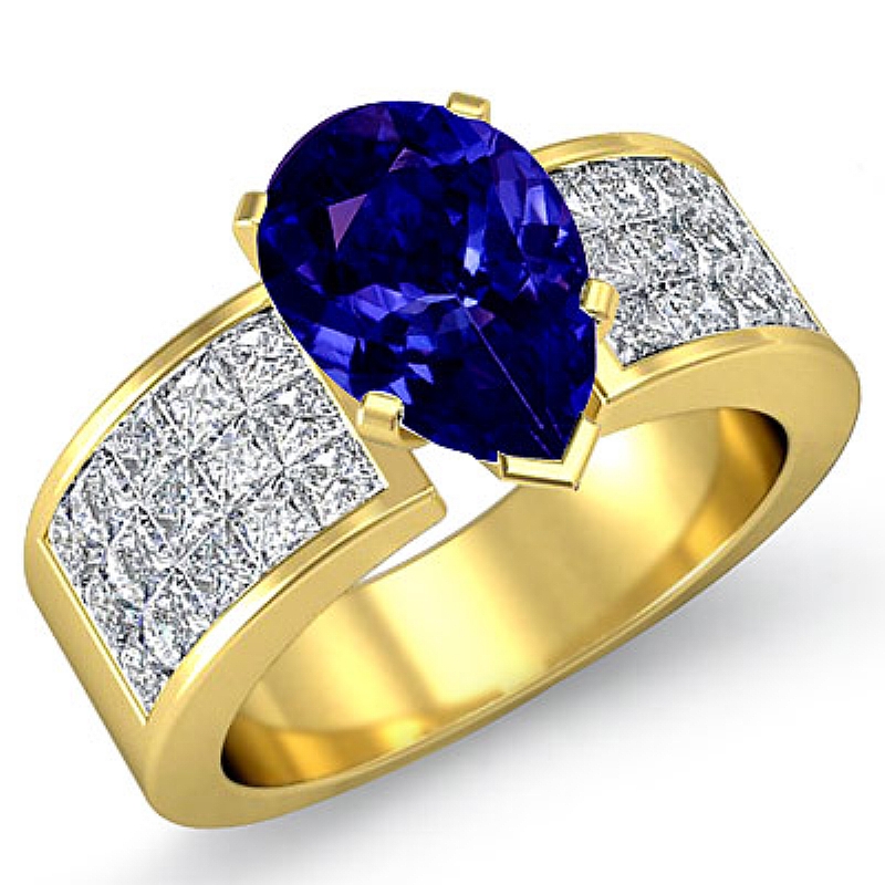 Classic Side Stone 4 Prong Pear diamond engagement Ring in 14k Gold Yellow