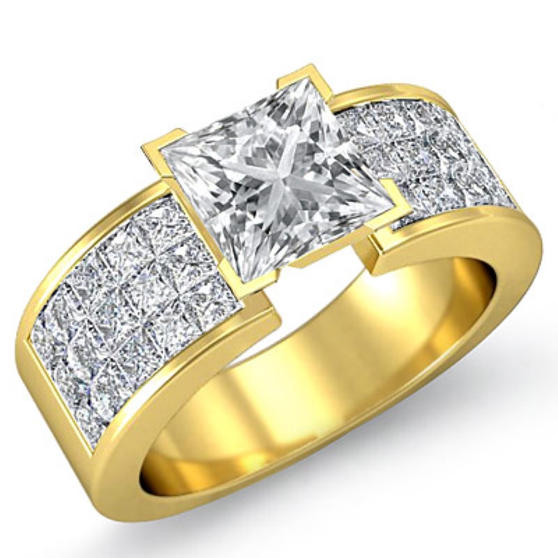 Classic Side Stone 4 Prong diamond Ring 14k Gold Yellow