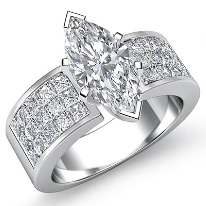 Classic Side Stone 4 Prong diamond Ring 14k Gold White