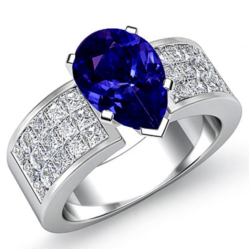 Classic Side Stone 4 Prong Pear diamond engagement Ring in 14k Gold White