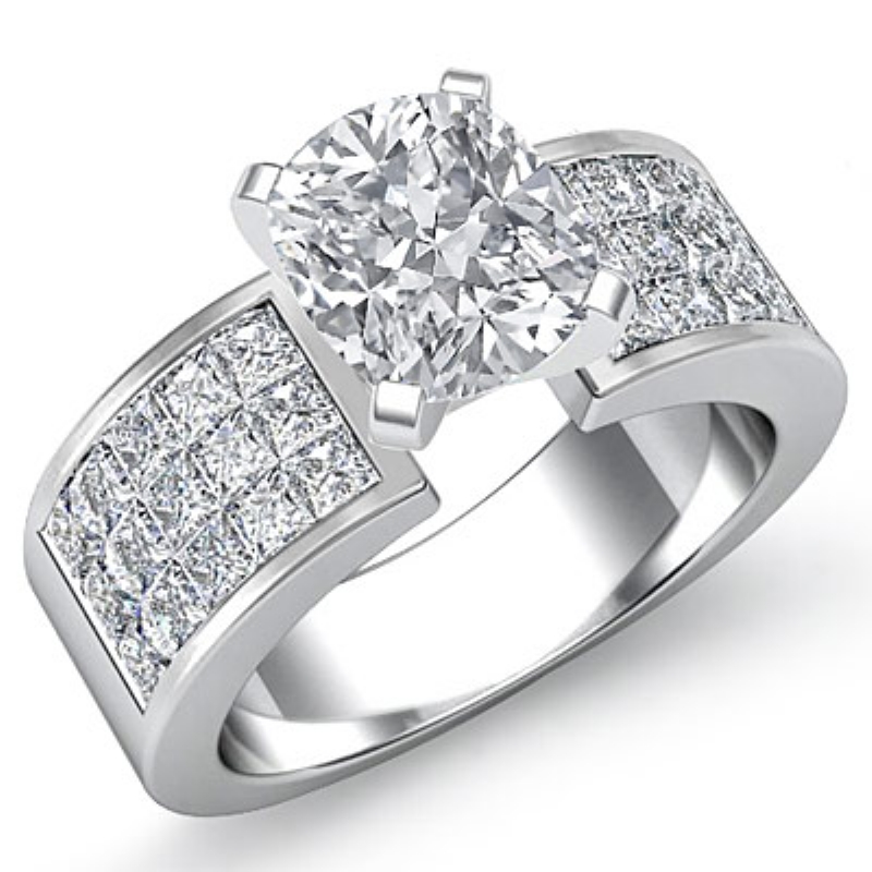 Classic Side Stone 4 Prong diamond Ring 14k Gold White