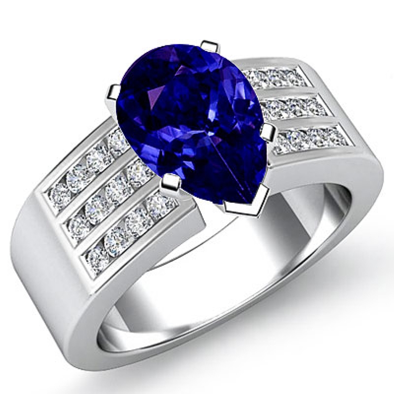 Channel Set Sidestone Pear diamond engagement Ring in 14k Gold White