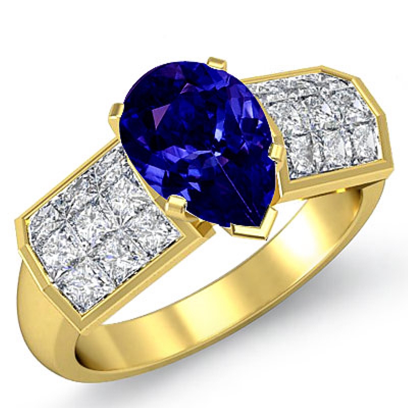 Invisible 4 Prong Setting Pear diamond engagement Ring in 14k Gold Yellow