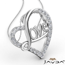 Love Script Heart Pendant Necklace Round Diamond 14k White Gold 0.45Ct