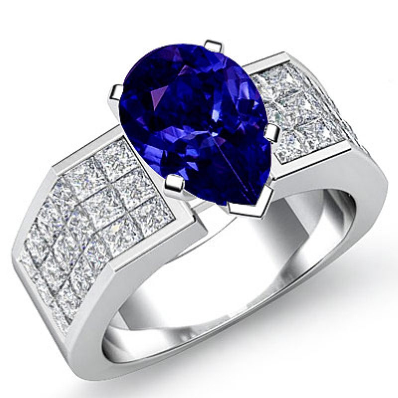 Sidestone Invisible Set Shank Pear diamond engagement Ring in 14k Gold White