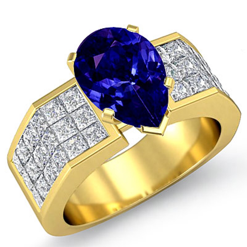 Sidestone Invisible Set Shank Pear diamond engagement Ring in 14k Gold Yellow