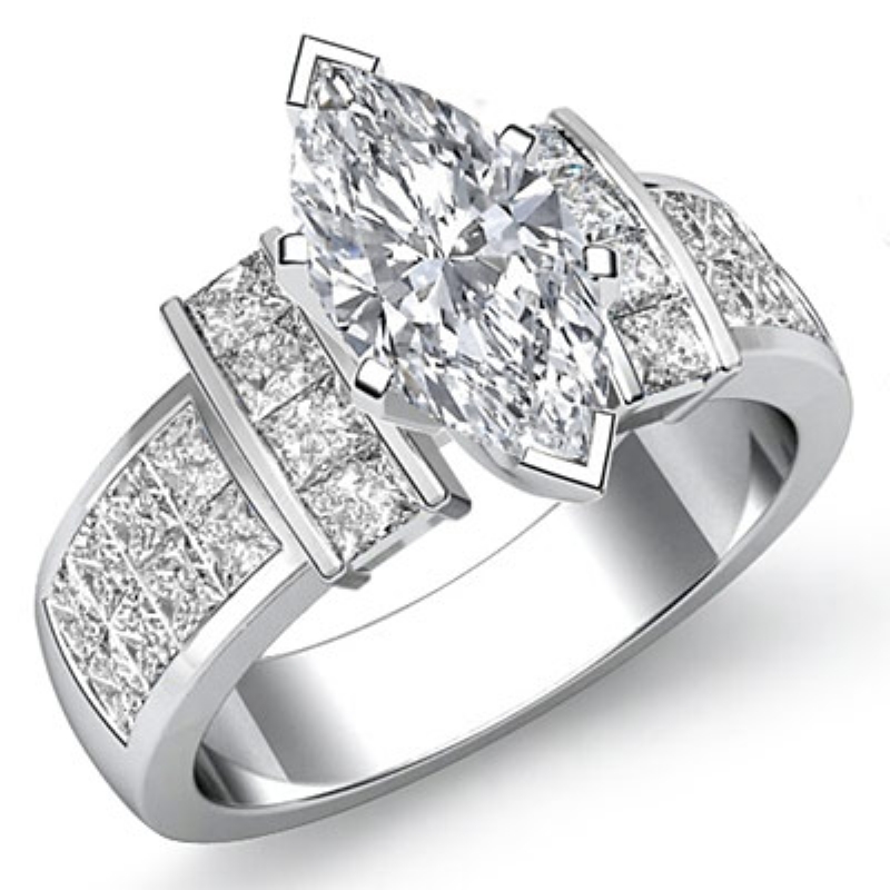 Classic Side-Stone Invisible diamond Ring 14k Gold White