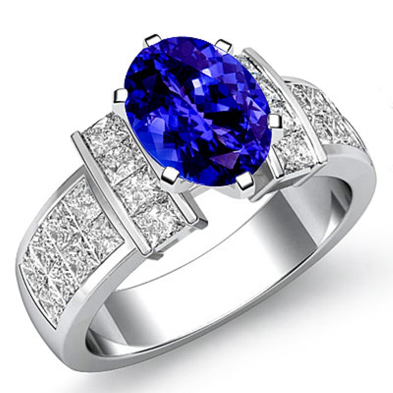 Classic Side-Stone Invisible Oval diamond engagement Ring in 14k Gold White