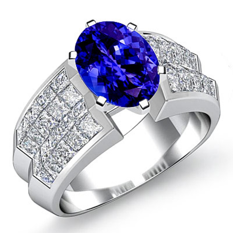 Classic Side Stone Invisible Oval diamond engagement Ring in 14k Gold White