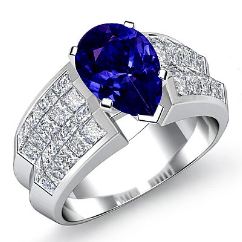 Classic Side Stone Invisible Pear diamond engagement Ring in 14k Gold White