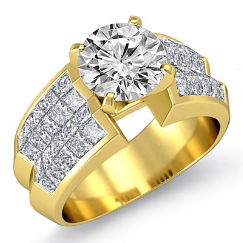 Classic Side Stone Invisible diamond Ring 14k Gold Yellow