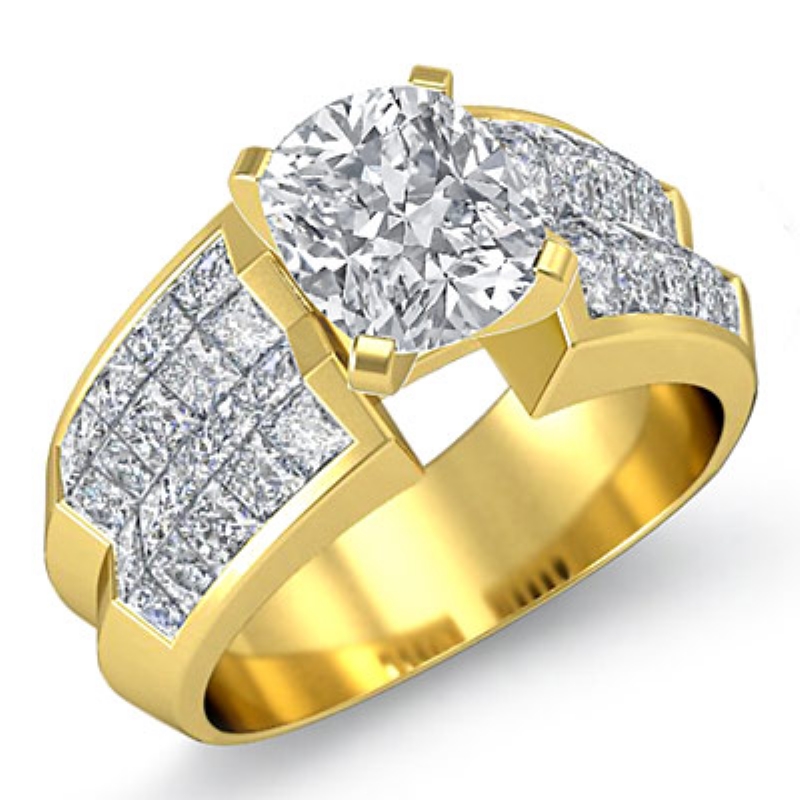 Classic Side Stone Invisible diamond Ring 14k Gold Yellow