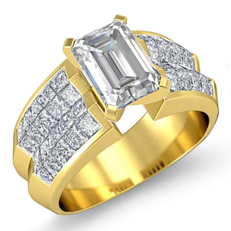 Classic Side Stone Invisible diamond Ring 14k Gold Yellow