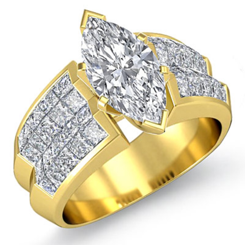 Classic Side Stone Invisible diamond Ring 14k Gold Yellow