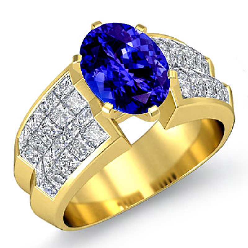 Classic Side Stone Invisible Oval diamond engagement Ring in 14k Gold Yellow