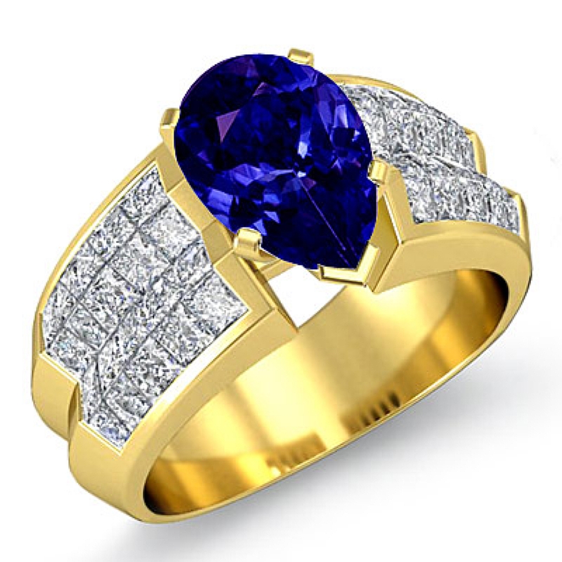 Classic Side Stone Invisible Pear diamond engagement Ring in 14k Gold Yellow