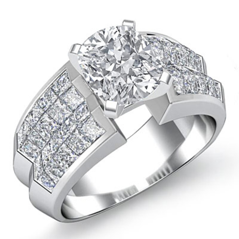 Classic Side Stone Invisible diamond Ring 14k Gold White