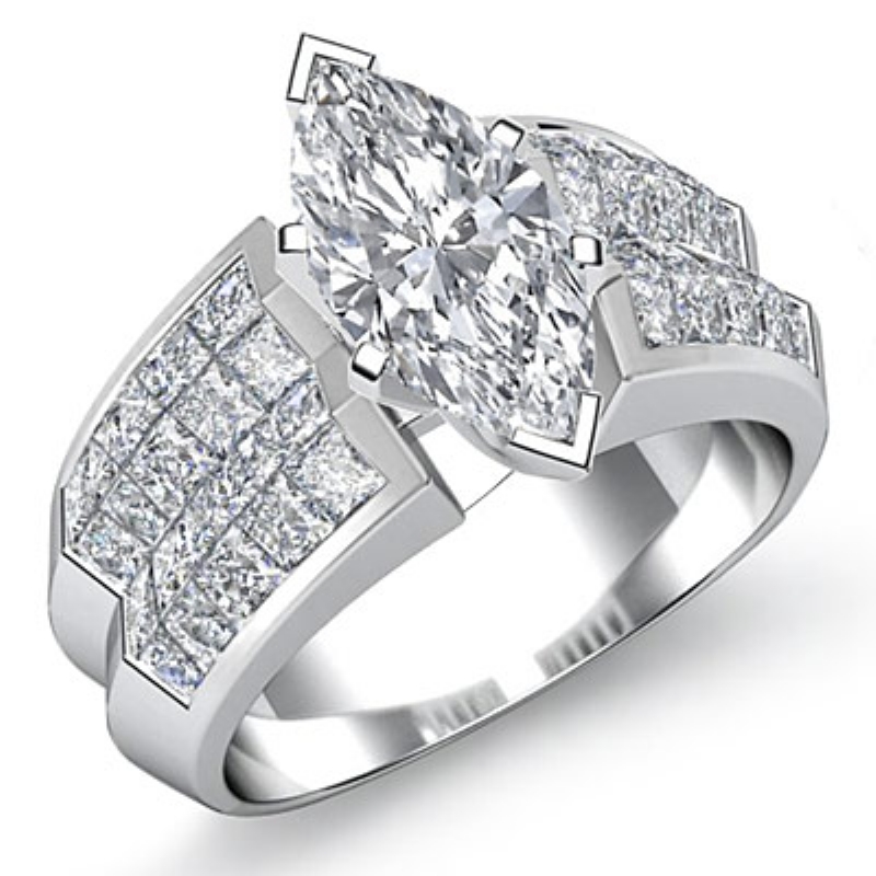 Classic Side Stone Invisible diamond Ring 14k Gold White