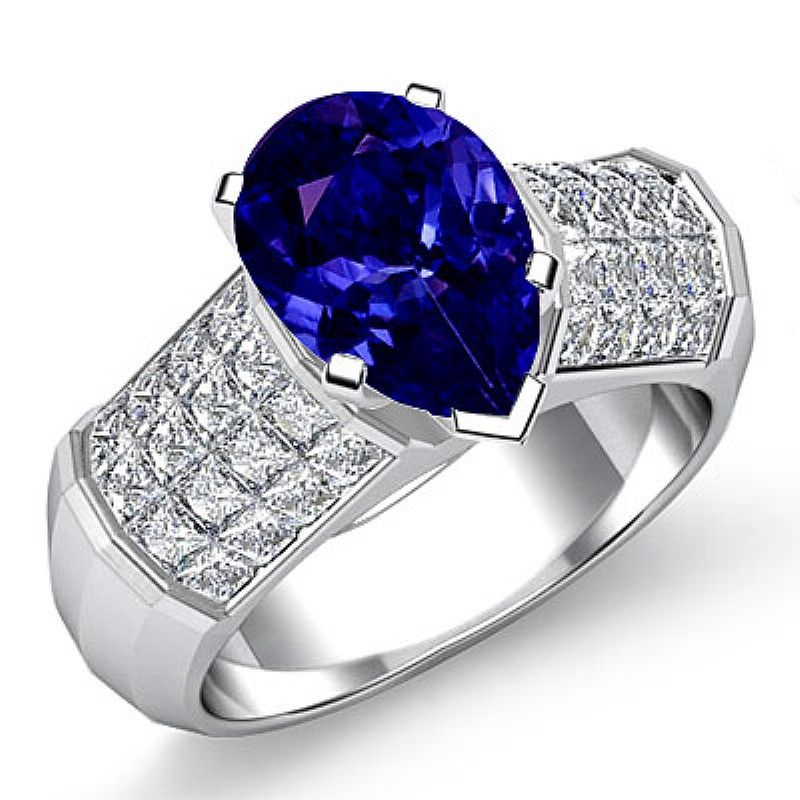 Sidestone Invisible Set Pear diamond engagement Ring in 14k Gold White