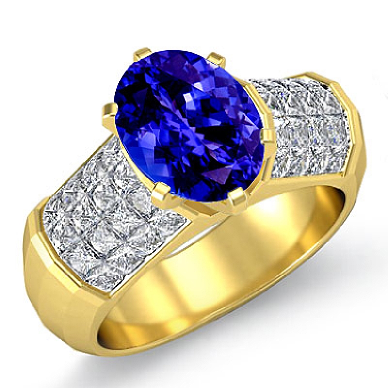 Sidestone Invisible Set Oval diamond engagement Ring in 14k Gold Yellow