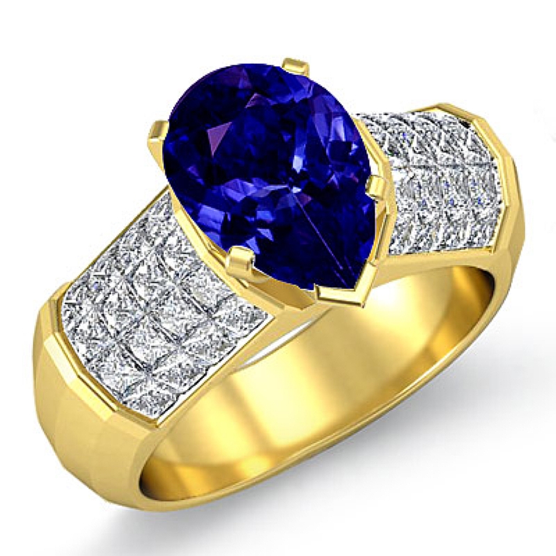 Sidestone Invisible Set Pear diamond engagement Ring in 14k Gold Yellow