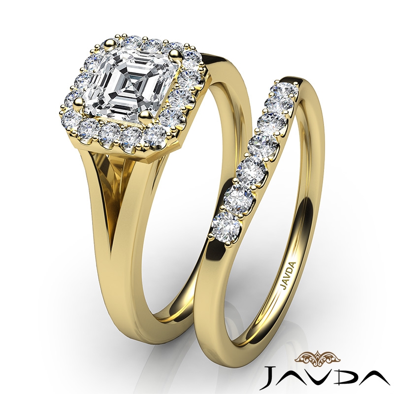 Split Shank Halo Pave Bridal Set diamond Ring 14k Gold Yellow
