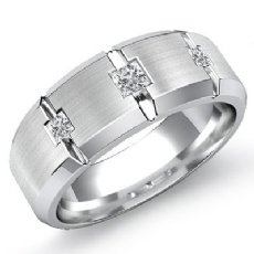 Bezel 3 Stone Diamond Bevel Edge Men's Half Wedding Band 14k White Gold 0.30 Ct