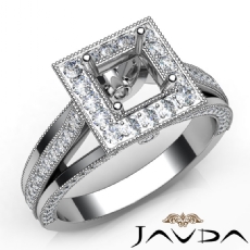 Halo Pave Diamond Engagement Princess SemiMount Millgrain Ring 14K W Gold 0.90Ct