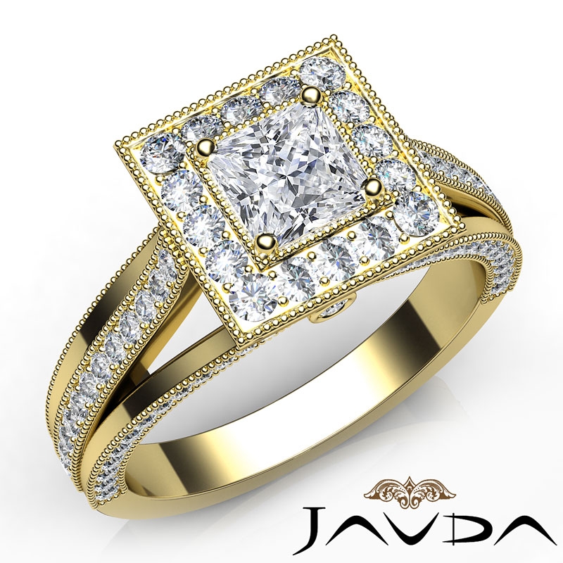 Milgrain Edge Halo Split Shank diamond Ring 14k Gold Yellow