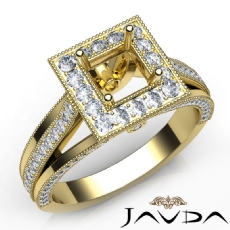 Halo Pave Diamond Engagement Princess SemiMount Millgrain Ring 14k Gold Yellow  (0.9Ct. tw.)