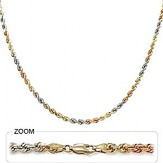 14k Tri Gold Diamond Cut Rope Hip Hop Chain Mens Necklace (4mm,26
