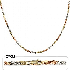 14k Tri Gold Diamond Cut Rope Hip Hop Chain Mens Necklace (3mm,24