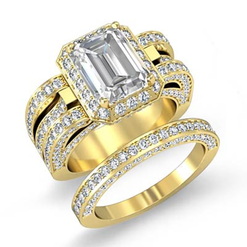 Halo Pave Vintage Bridal Set diamond Ring 14k Gold Yellow