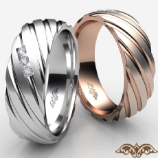 Diagonal Grooves 3 Stone Diamond Men's Half Wedding Band Platinum 950  (0.11Ct. tw.)