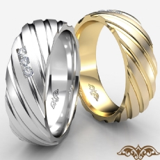 Diagonal Grooves 3 Stone Diamond Men's Half Wedding Band 14k Gold Yellow  (0.11Ct. tw.)