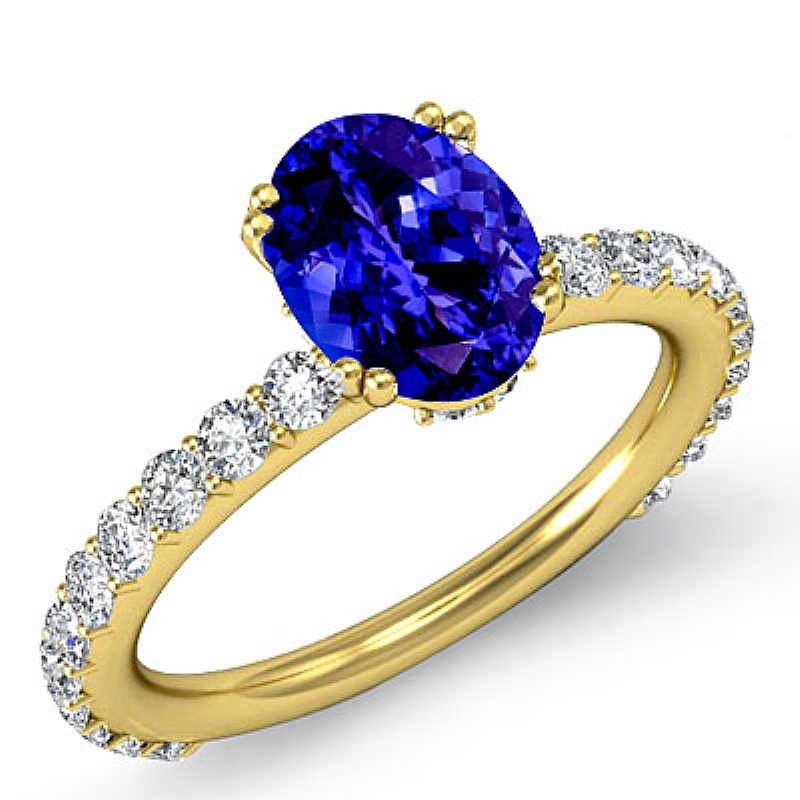 Double Prong Set Side Stone Oval diamond engagement Ring in 18k Gold Yellow