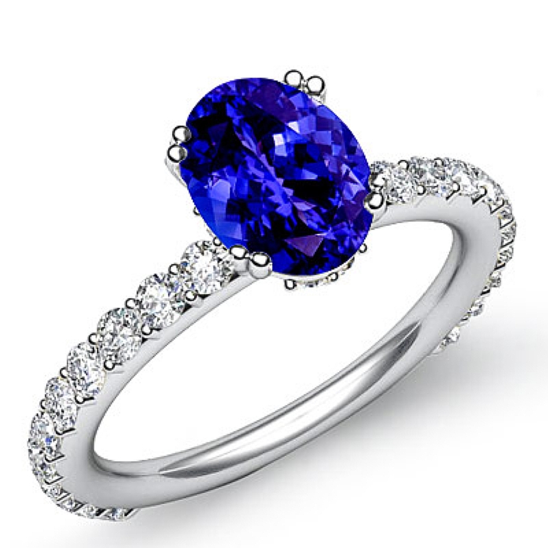 Double Prong Set Side-Stone Oval diamond engagement Ring in 14k Gold White