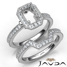 Pave Diamond Engagement Ring Emerald Bridal Set 14K White Gold Semi Mount 1Ct
