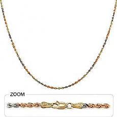 14k Tri Gold Diamond Cut Rope Hip Hop Chain Mens Necklace (2.5mm,22
