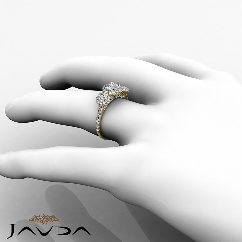 Three Stone Halo Pave Setting diamond Ring 18k Gold Yellow