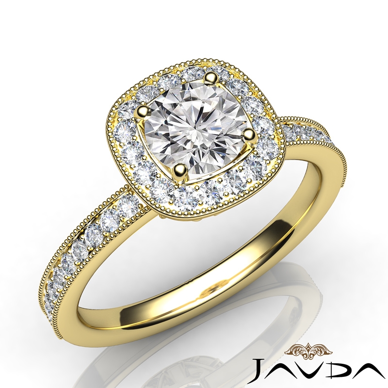 Milgrain Edge Halo Micro Pave diamond Ring 14k Gold Yellow