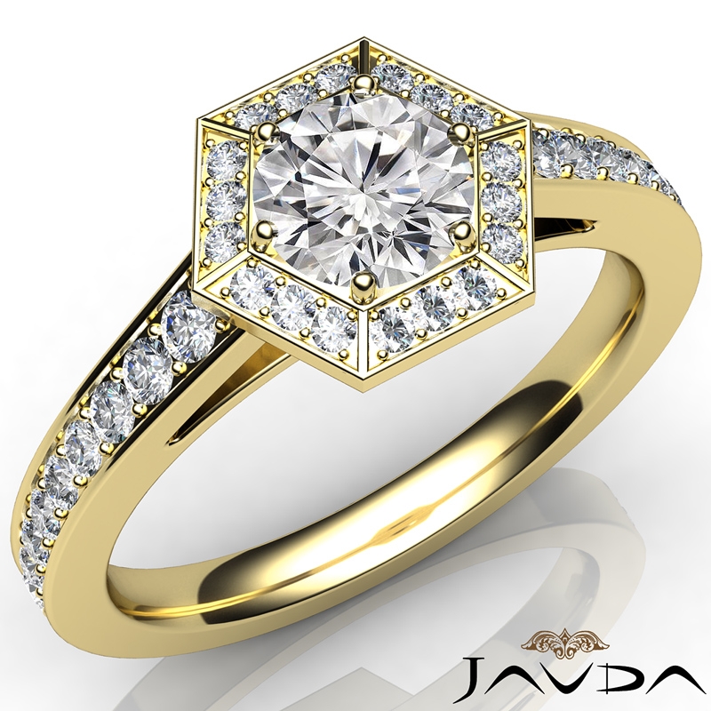 Hexagon Halo Micro Pave Set diamond Ring 14k Gold Yellow