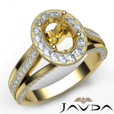 Halo Pre-Set Diamond Engagement 14k Gold Yellow Oval Semi Mount Millgrain Ring  (0.9Ct. tw.)