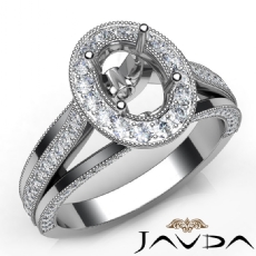 Halo Pre-Set Diamond Engagement 14K W Gold Oval Semi Mount Millgrain Ring 0.90Ct