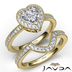 Milgrain Bridal Set Halo Bezel diamond Ring 14k Gold Yellow