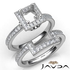 Pave Diamond Engagement Ring Princess Bridal Set 14K White Gold Semi Mount 1Ct