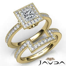 Milgrain Edge Halo Bridal Set diamond Ring 18k Gold Yellow