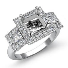 3 Stone Halo Princess Cut Semi Mount Diamond Engagement Ring 14K White Gold 2Ct