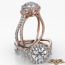 Baguette Three Stone Halo Pave diamond Ring 18k Rose Gold