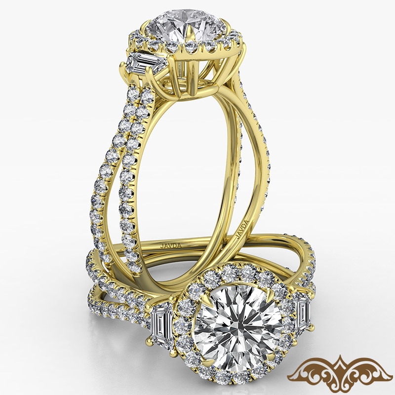 Baguette Three Stone Halo Pave diamond Ring 18k Gold Yellow